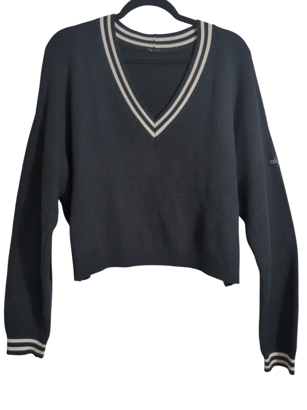 Alo Yoga Black Tennis Club Sweater Knit V-Neck Pullover Oversized Medium Preppy